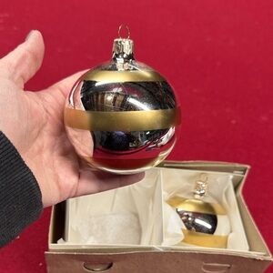 Set of 2 Vitbis Handcrafted Glass Ornaments Made in Poland,Silver w/ Gold Stripe